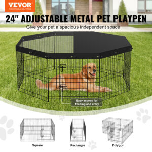 VEVOR 8-Panel Foldable Metal Dog Playpen – 24" H with Top Cover & Bottom Pad