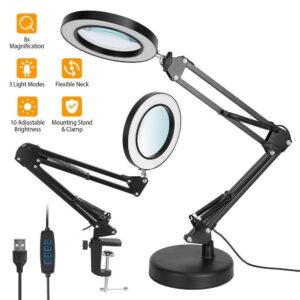 10X Magnifying Glass Desk Light with LED Lamp – Adjustable Clamp & Base