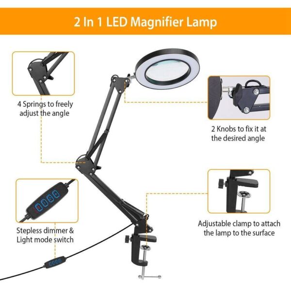 10X Magnifying Glass Desk Light with LED Lamp – Adjustable Clamp & Base - Image 2